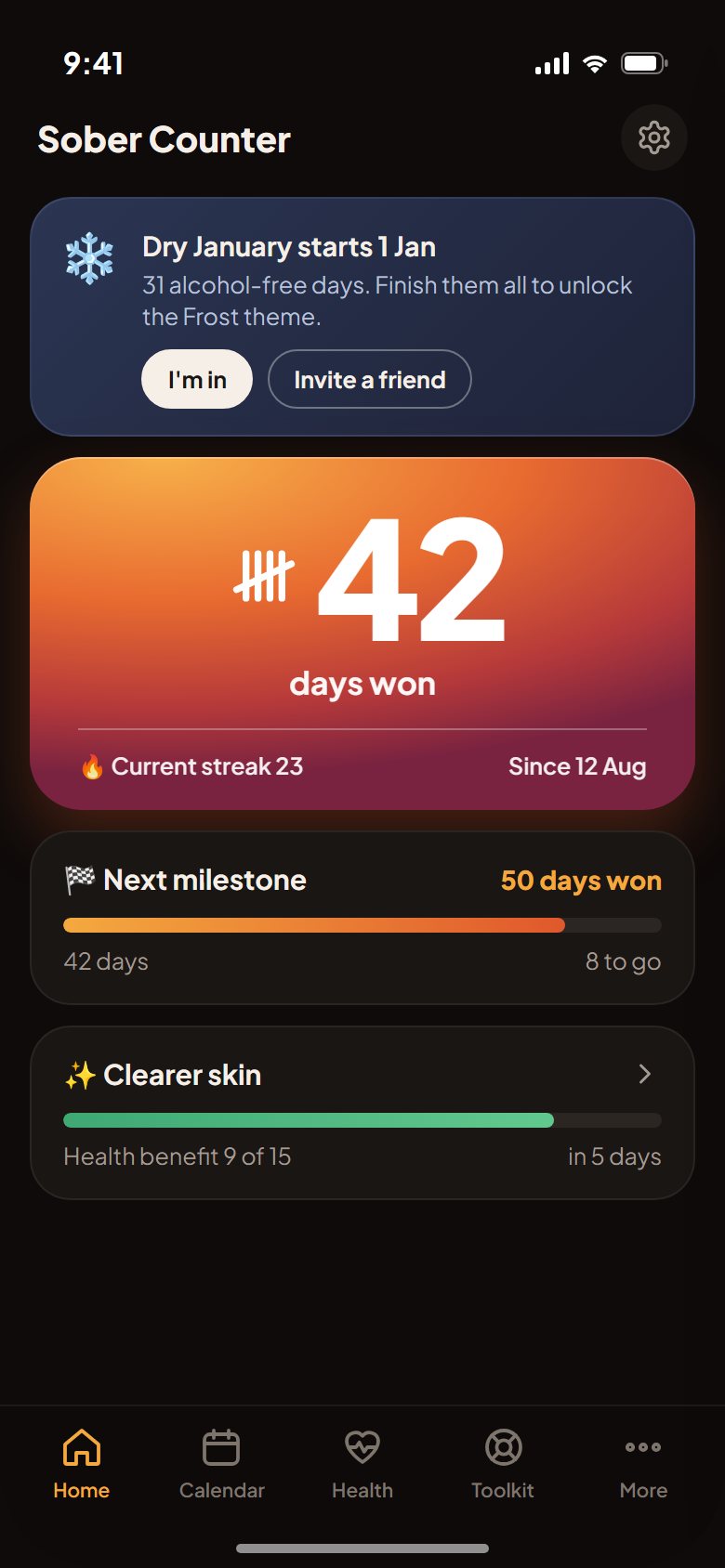 Sober Counter home screen showing 42 days won